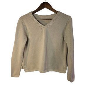 Handknit Women's Cotton Beige V-Neck Cable-Knit Detailing Sweater sz S